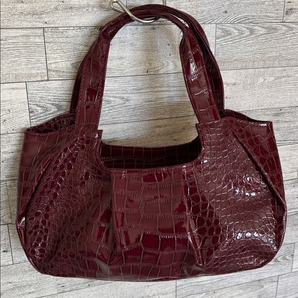 Vintage Croc-Embossed Patent Leather Tote in Deep Burgundy